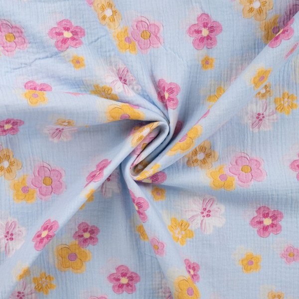 Tissu Double Gaze Imprimé Fleur Cerisier Aquarellé Bleu - Mondial Tissus-image