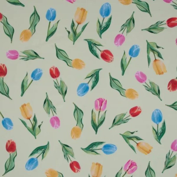 Toile Semi Panama Imprimé Digital Vert Amande Tulipes Tricolore - Mondial Tissus-image