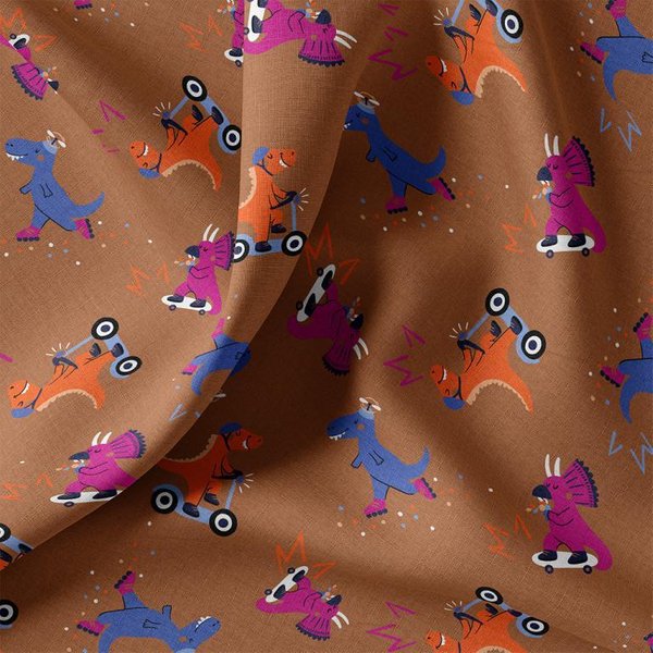 Tissu Cretonne Imprimé Dino Skateur Marron - Domotex - Mondial Tissus-image