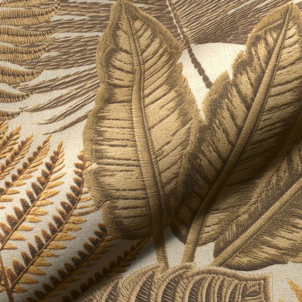 Toile Semi Panama Imprimé Digital éCrue Feuillage Beige Effet Broderie - Mondial Tissus-image