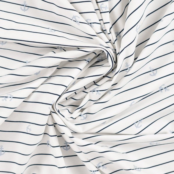 Maille Jersey Coton ImpriméE Ancre Sur Fond Rayé Blanc - Mondial Tissus-image