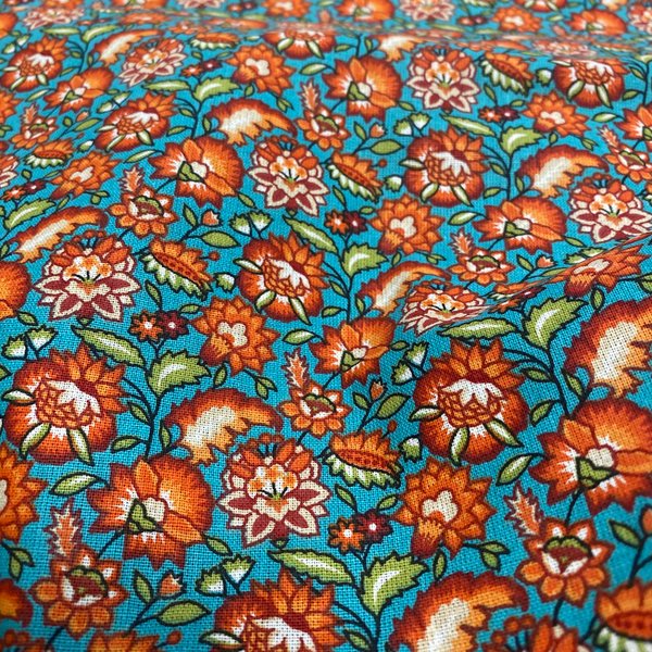Tissu Cretonne Fleur Indienne Orange Bleu Turquoise - Mondial Tissus-image