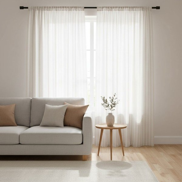 Rideaux Rayures Blanc Camel 140 X 260 Cm - Mt - Mondial Tissus-image