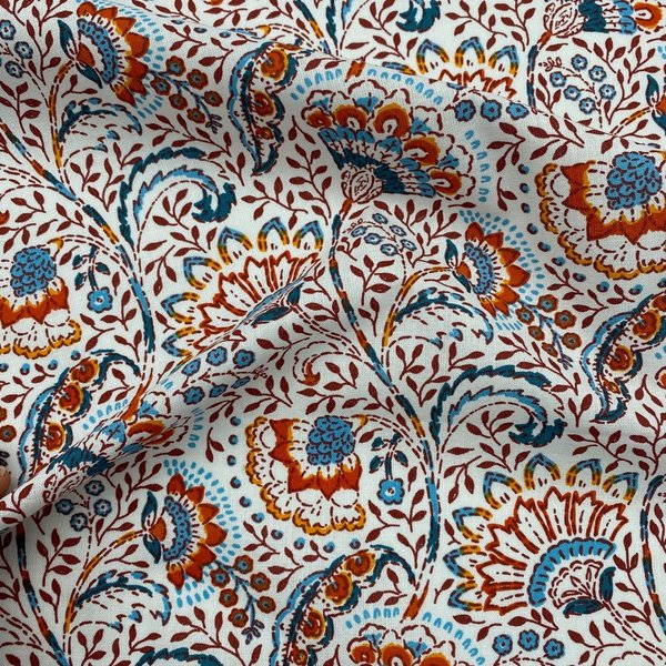 Tissu Cretonne Enduit Imprimé Fleurs Indiennes Bleu - Mondial Tissus-image
