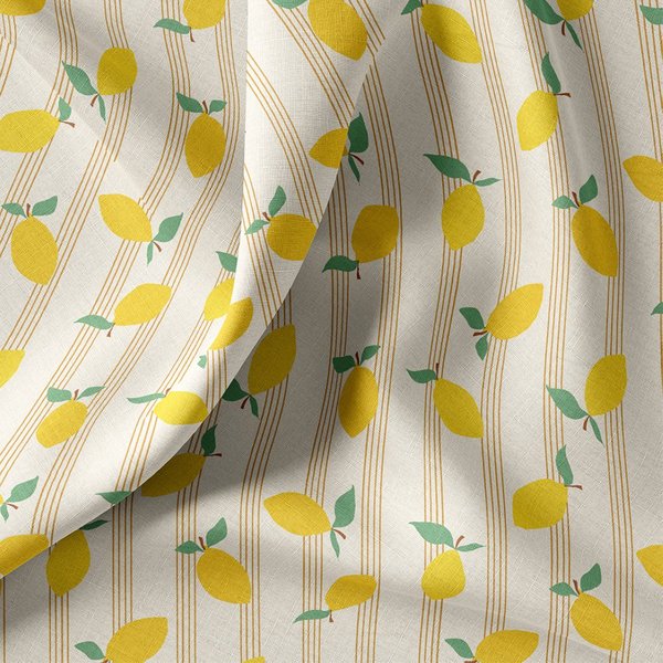 Tissu Cretonne Coton Enduit Citron Sur Fond Rayé Rose - Domotex - Mondial Tissus-image