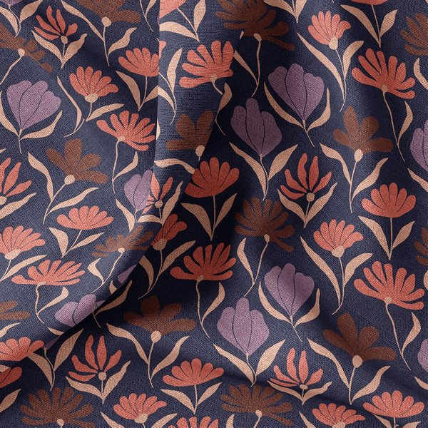 Tissu Demi Natté Fleurs Rose Prune GéOméTrique Bleu Nuit - Domotex - Mondial Tissus-image