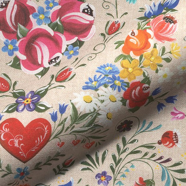 Toile Semi Panama Imprimé Digital Beige Floral CœUr Folklorique Multico - Mondial Tissus-image