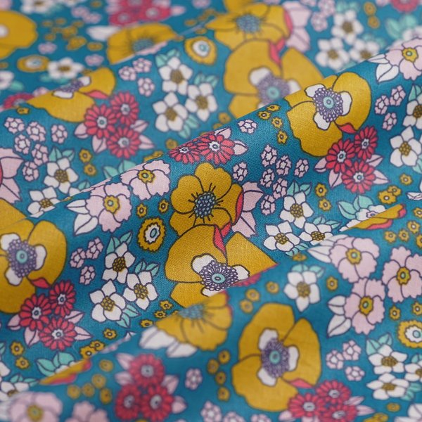 Tissu Cretonne Enduite Vintage Fleurs Bleu - Mt - Mondial Tissus-image