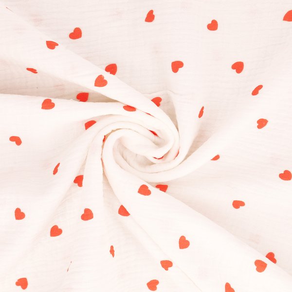 Tissu Double Gaze Blanche Mini CœUrs Rouge - Mondial Tissus-image