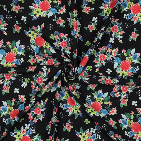 Tissu Popeline Viscose Ecovero Bouquet Noir - Mondial Tissus-image