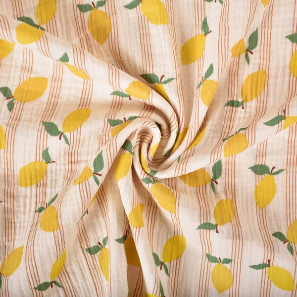 Tissu Double Gaze Citron Sur Fond Rayé Rose - Domotex - Mondial Tissus-image