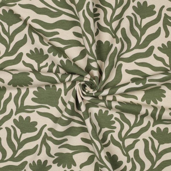 Tissu Molleton Sweat Imprimé Fleur Vert Kaki Bordeaux Fond éCru - Poppy Fabrics - Poppy Fabrics - Mondial Tissus-image