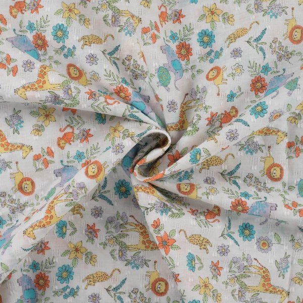 Tissu Coton Dobby Imprimé Animaux Fleuris Multico - Mondial Tissus-image