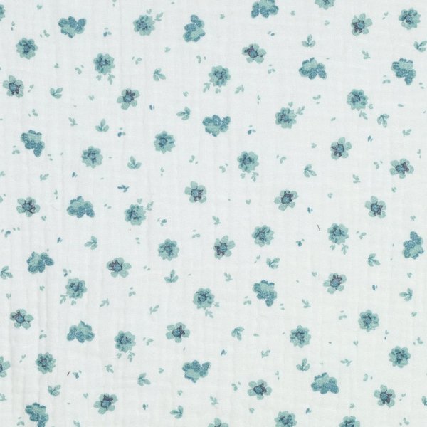 Tissu Double Gaze Bio Imprimé Fleur Bleu - Mondial Tissus-image