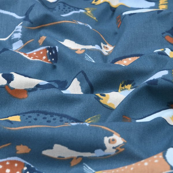 Tissu Cretonne Enduite Multi Poisson Bleu - Mondial Tissus-image