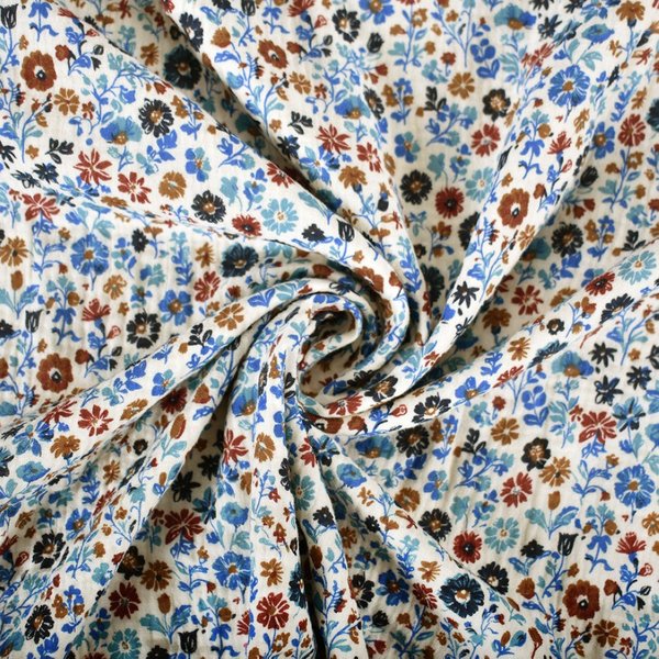 Tissu Double Gaze Mini Floral Bleu - Domotex - Mondial Tissus-image