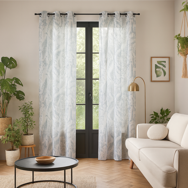 Voilage Effet Lin Feuillage Bleu 140 X 240 Cm - Mt - Mondial Tissus-image