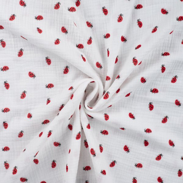 Tissu Double Gaze Imprimé Coccinelle Blanc - Mondial Tissus-image