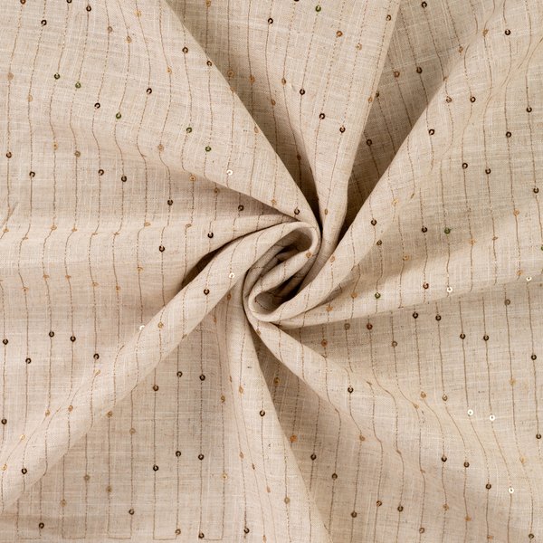 Tissu Viscose Lin Rayure Brodé Sequin Beige - Mondial Tissus-image