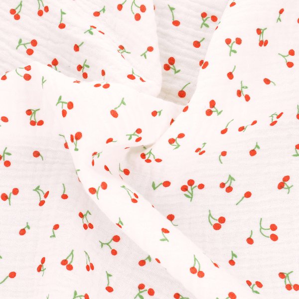Tissu Double Gaze Blanche Mini Cerises - Mondial Tissus-image