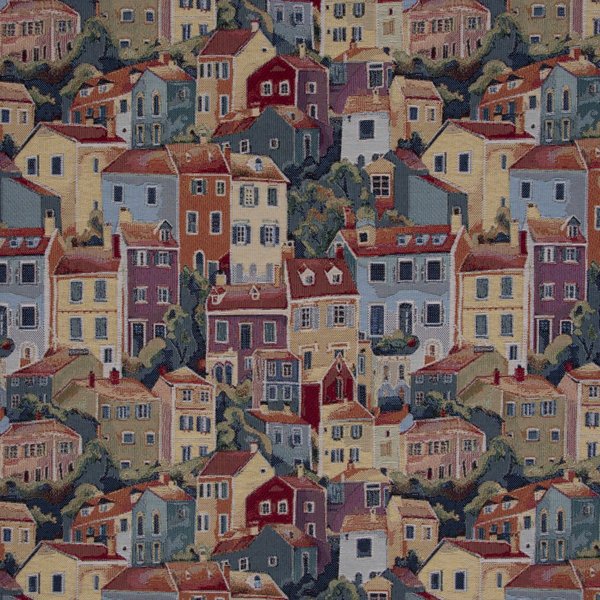 Tissu Jacquard Gobelin Premium Multicolore Paysage Maisons - Mondial Tissus-image