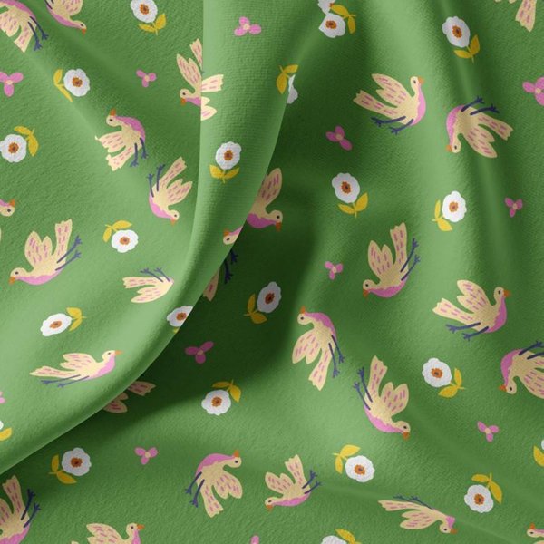 Maille Jersey Coton ImpriméE Oiseaux Et Fleurs Fond Vert Ortie - Mondial Tissus-image