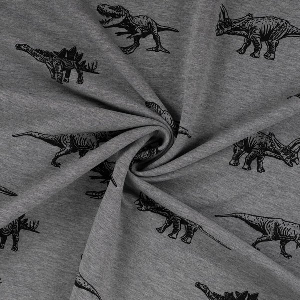 Tissu French Terry Imprimé Dino Dessiné Gris Chiné - Mondial Tissus-image