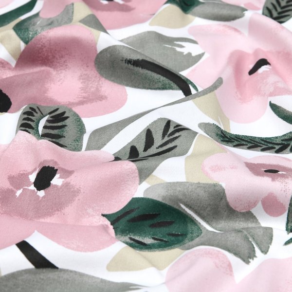 Tissu Sergé Coton Imprimé Belle Fleur Rose - Mondial Tissus-image