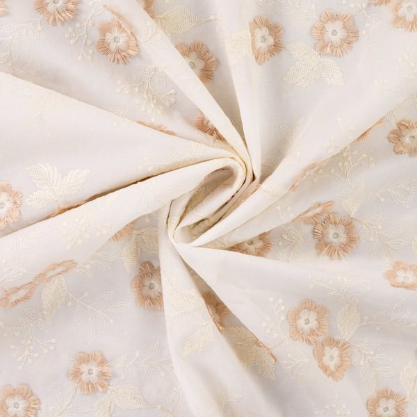 Tissu Popeline Coton Brodé Belle Fleur Relief Beige éCru - Mondial Tissus-image