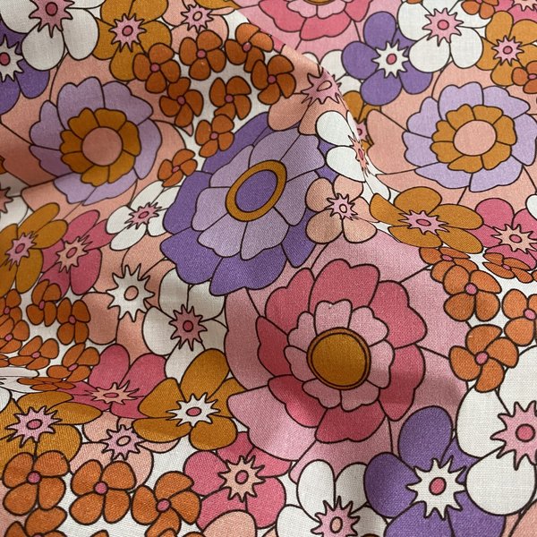 Tissu Coton Enduit Imprimé Grosse Fleur Seventies Rose - Mondial Tissus-image