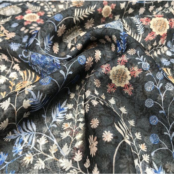 Tissu Liberty Soie Bleu Fleurs Feuilles - Liberty - Mondial Tissus-image