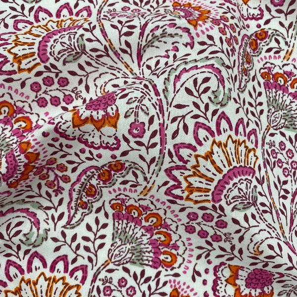 Tissu Cretonne Enduit Imprimé Fleurs Indiennes Rose - Mondial Tissus-image