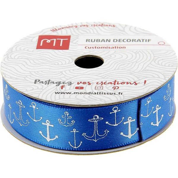 Bobine Ruban Satin Bleu Ancres 4M X 16 Mm - Mt - Mondial Tissus-image