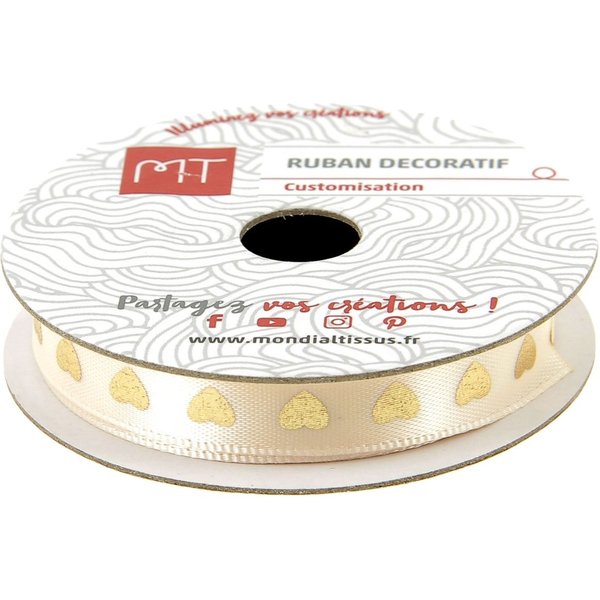 Bobine Ruban Satin éCru CœUrs DoréS 4 M X 9 Mm - Mt - Mondial Tissus-image