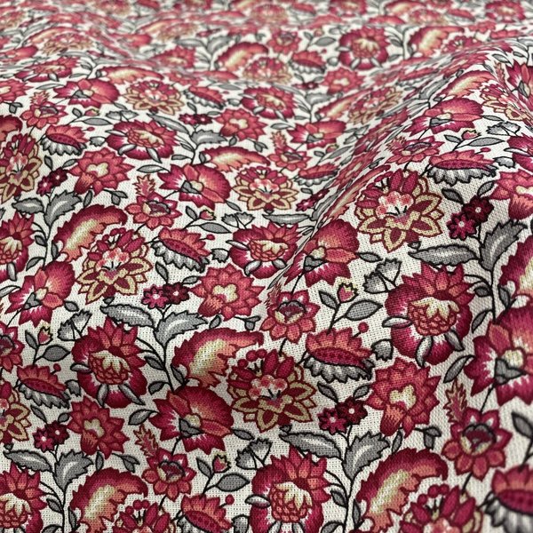 Tissu Cretonne Fleur Indienne Rose Blanc - Mondial Tissus-image