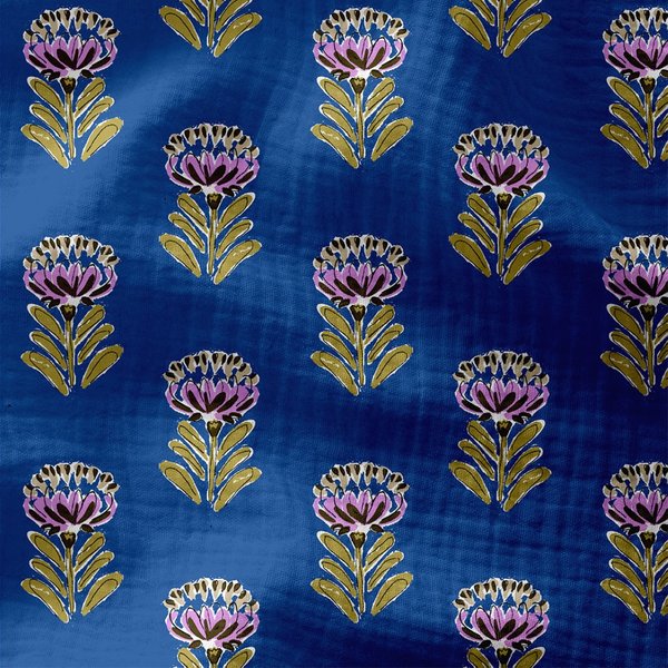 Tissu Double Gaze Fleur Indienne FaçOn Blockprint Bleu - Domotex - Mondial Tissus-image