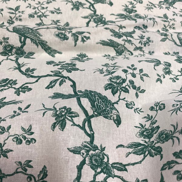Tissu Cretonne Enduit MéSanges Effet Toile De Jouy Vert - Mondial Tissus-image