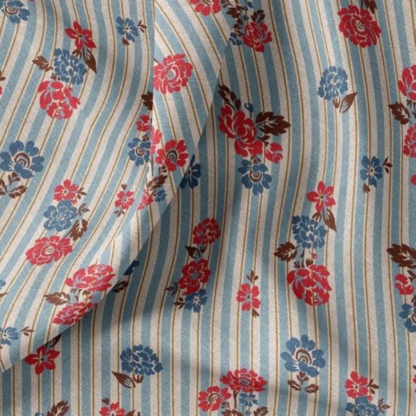 Tissu Demi Natté Fleuri Rayure Bleu - Domotex - Mondial Tissus-image