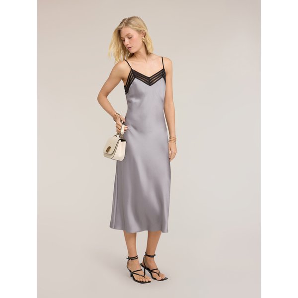Motivi Vestito Lungo In Raso Con Bordo In Tulle Donna, Grigio, Taglia 48-image