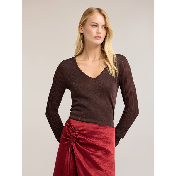 Motivi Maglia Lurex Scollo A V In Viscosa Donna, Marrone, Taglia S-image