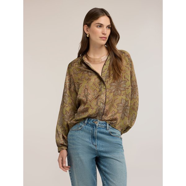 Motivi Blusa In Raso Con Stampa E Maniche A Palloncino Donna, Verde Militare, Taglia XS-image