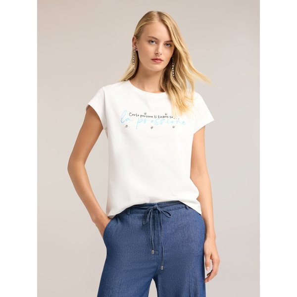Motivi T-Shirt Con Scritta E Ricamo Con Pietre Donna, Bianco, Taglia L-image