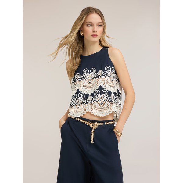 Motivi Top In Popeline Con Pizzo Sangallo Donna, Blu, Taglia 46-image
