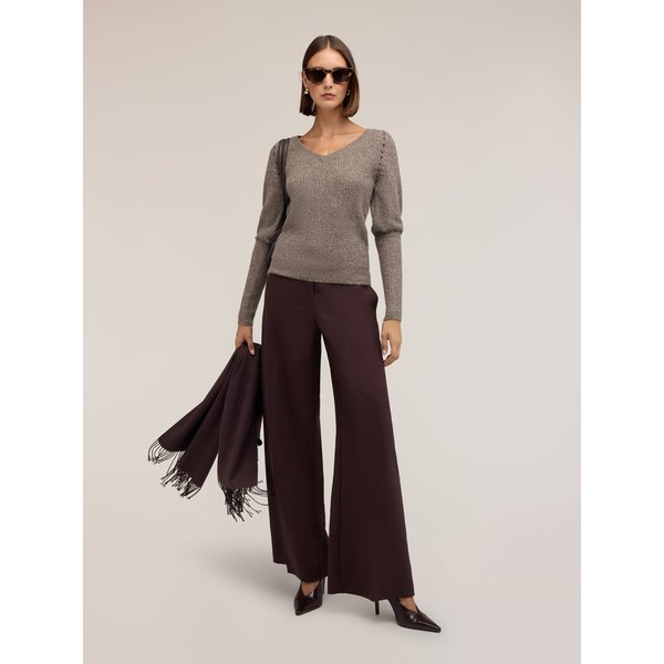 Motivi Pantaloni Palazzo In Cady Con Inserti Satin Donna, Marrone, Taglia 44-image