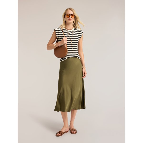 Motivi Gonna Midi Linea Ad A In Raso Donna, Verde Militare, Taglia 38-image
