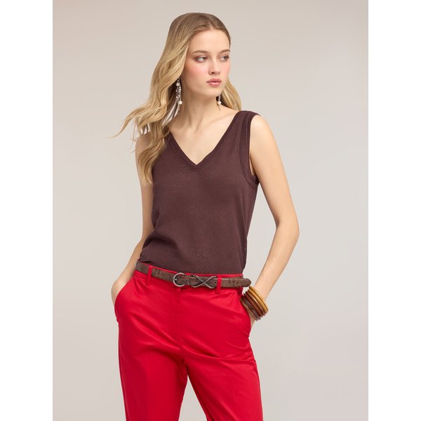 Motivi Top In Maglia Misto Lino Donna, Marrone, Taglia M-image