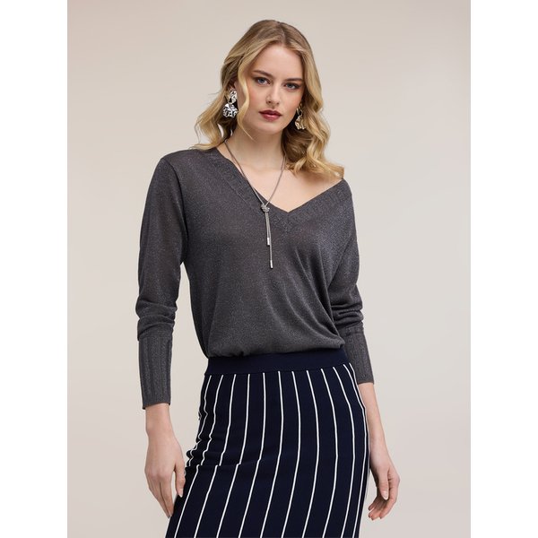 Motivi Maglia Scollo A V In Filato Lurex Donna, Grigio, Taglia S-image