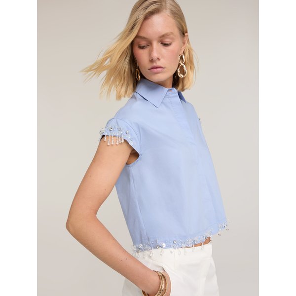 Motivi Camicia Boxy In Popeline Con Pietre Donna, Azzurro, Taglia 36-image