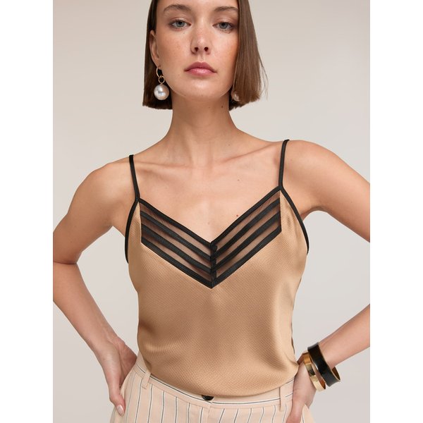 Motivi Top In Raso Con Bordo In Tulle Donna, Beige, Taglia 36-image