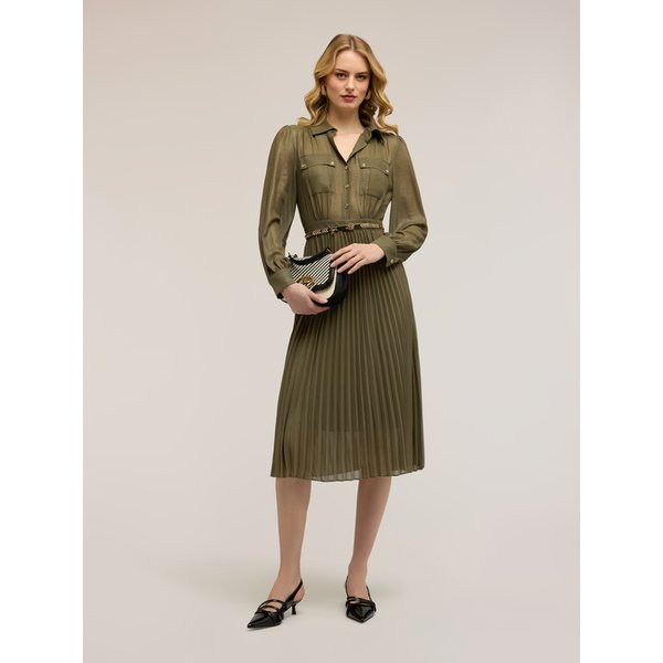 Motivi Vestito Chemisier In Georgette Plissé Donna, Verde Militare, Taglia 48-image